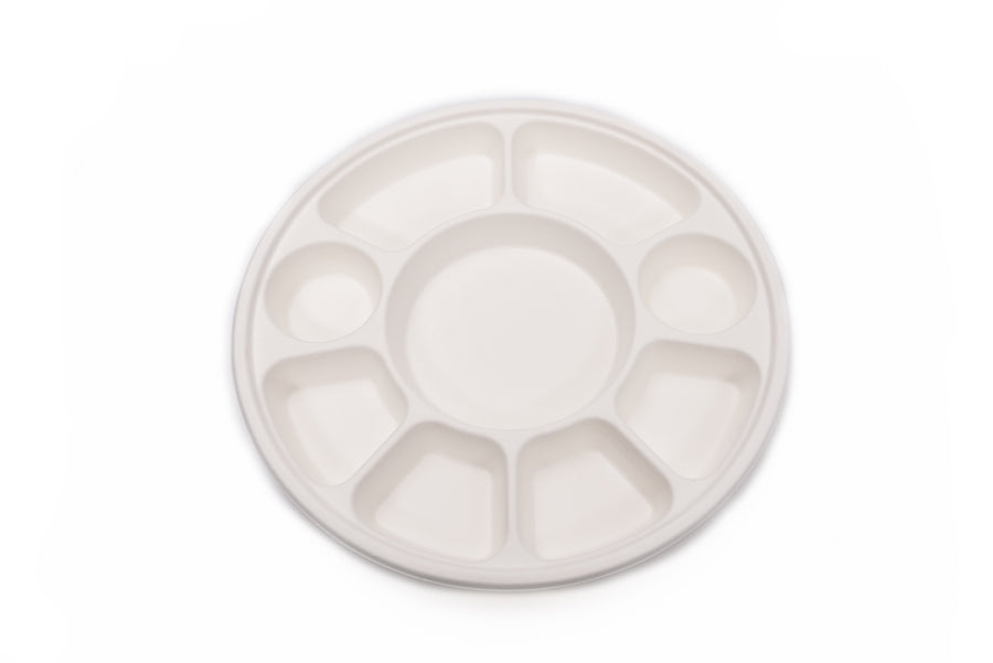 9 Compartment Sugarcane Bagasse Round Plate